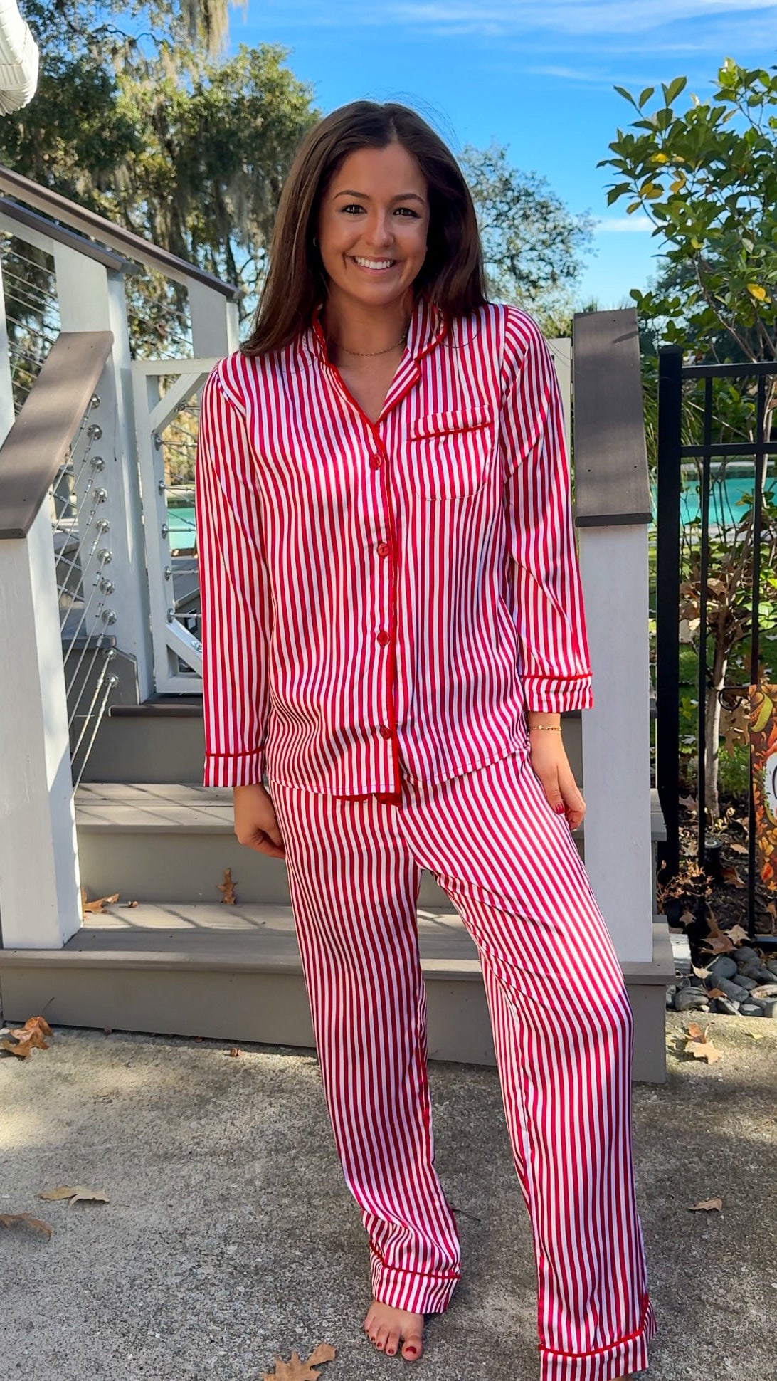 satin red stripe christmas pajama set with red velvet details and belt pant set button down closure long sleeve far