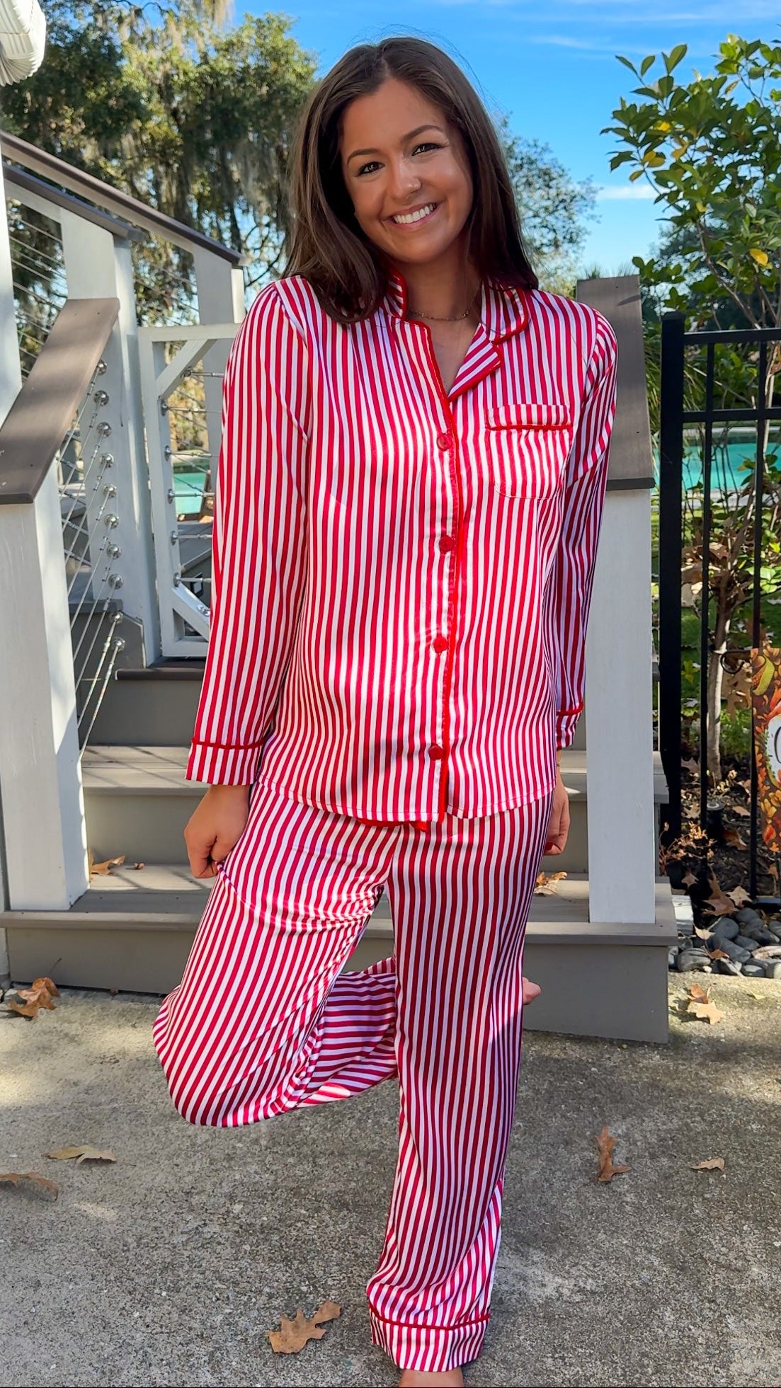 satin red stripe christmas pajama set with red velvet details and belt pant set button down closure long sleeve 3