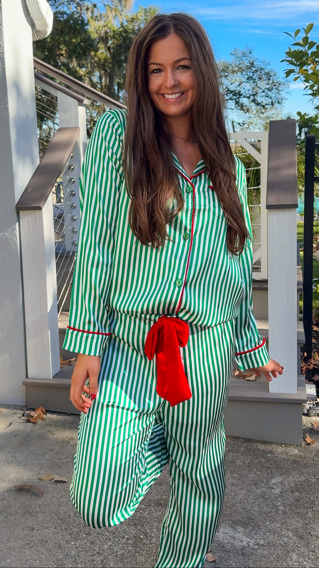 satin green stripe christmas pajama set with red velvet details and belt pant set button down closure long sleeve 1
