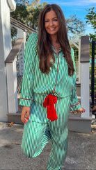 satin green stripe christmas pajama set with red velvet details and belt pant set button down closure long sleeve 1