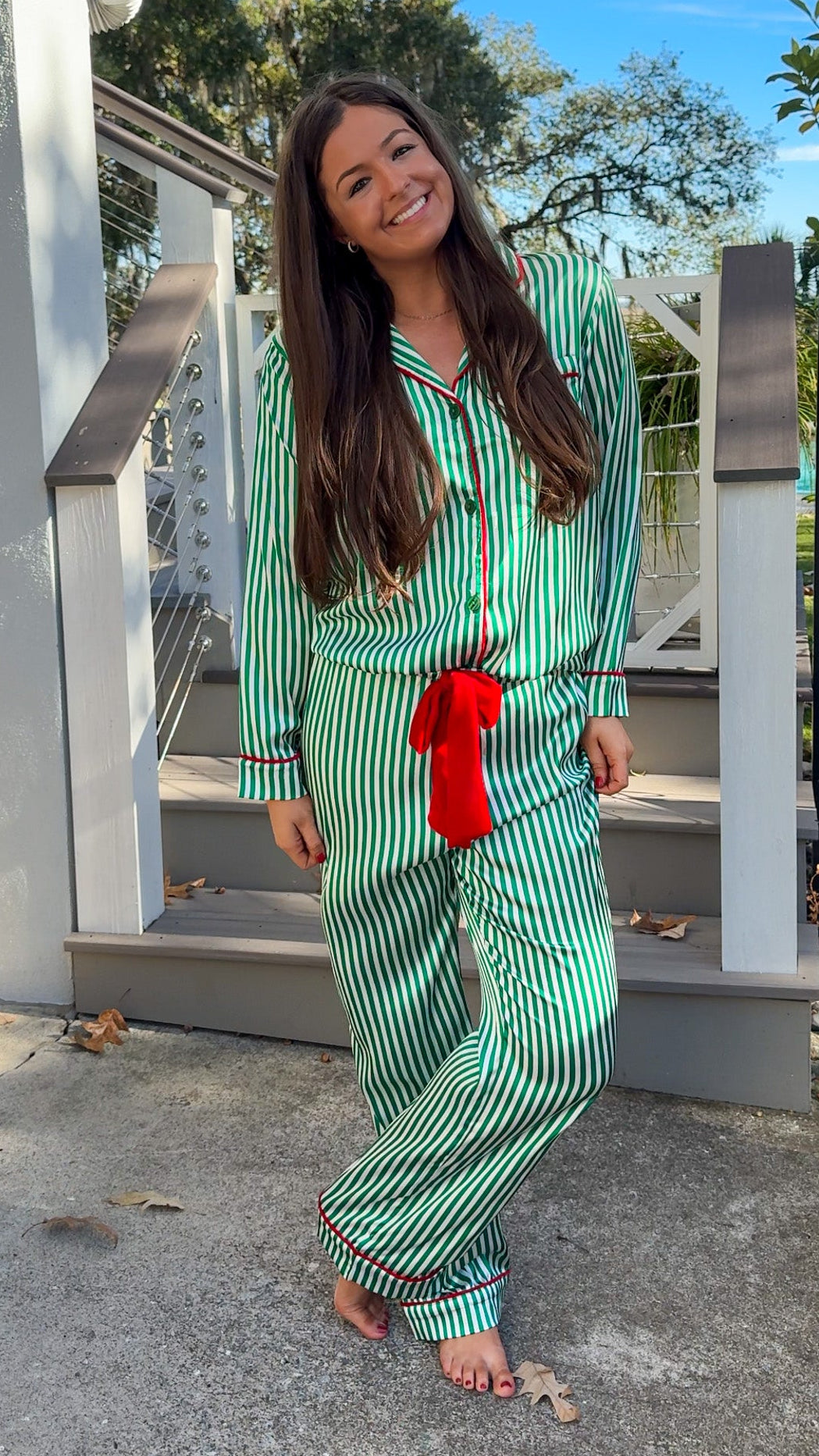 satin green stripe christmas pajama set with red velvet details and belt pant set button down closure long sleeve 2