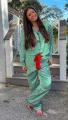 satin green stripe christmas pajama set with red velvet details and belt pant set button down closure long sleeve 2