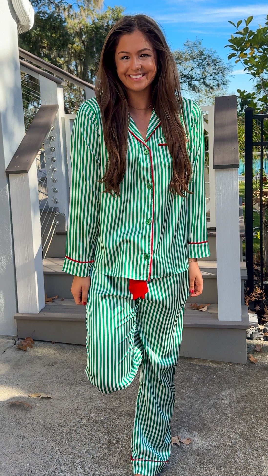satin green stripe christmas pajama set with red velvet details and belt pant set button down closure long sleeve front