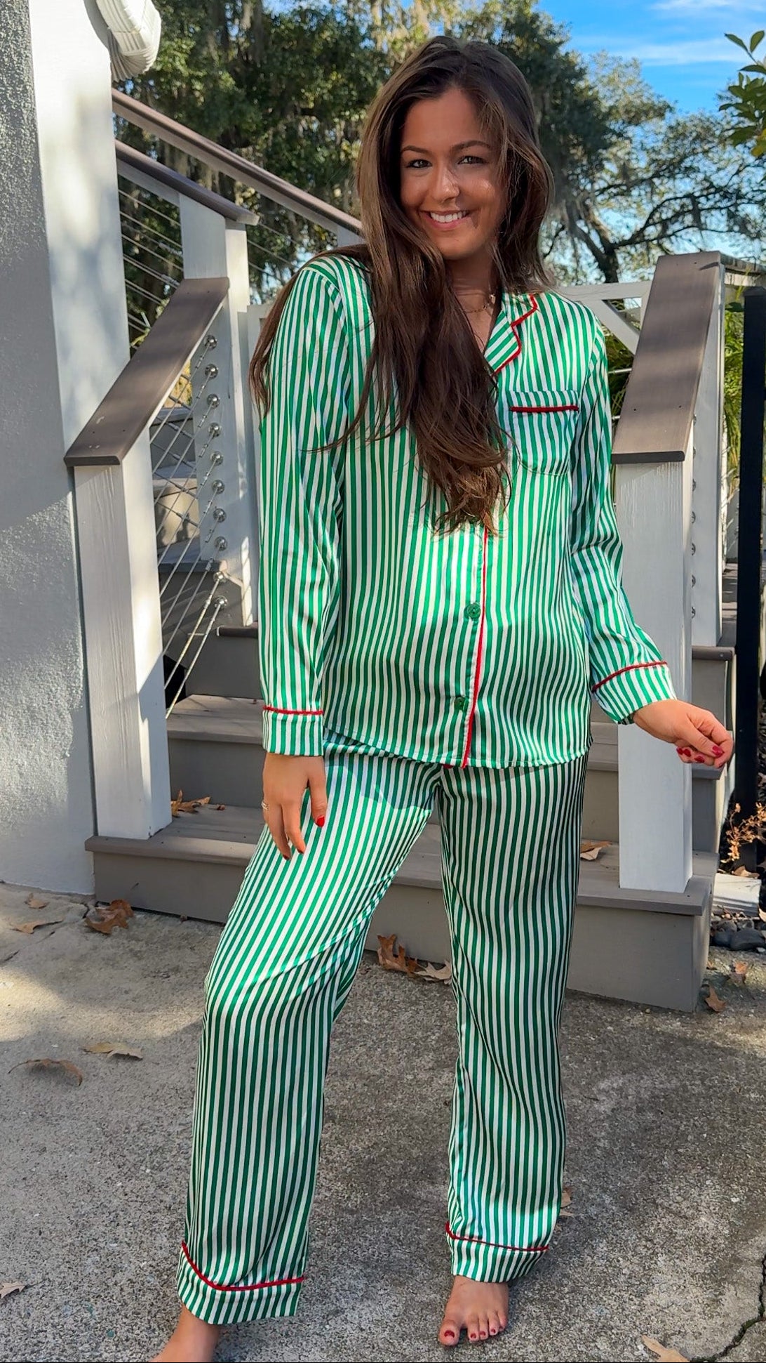 satin green stripe christmas pajama set with red velvet details and belt pant set button down closure long sleeve front2