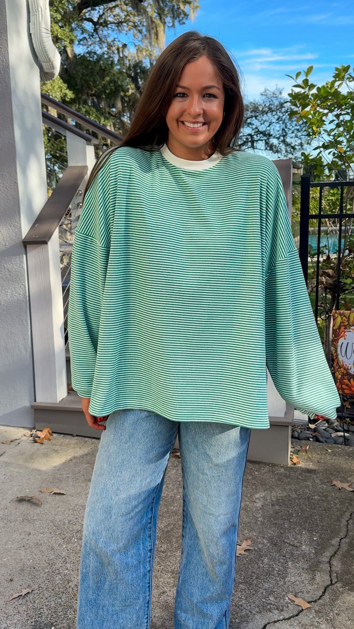 green and white striped oversized sweater top cozy comfy long sleeve 