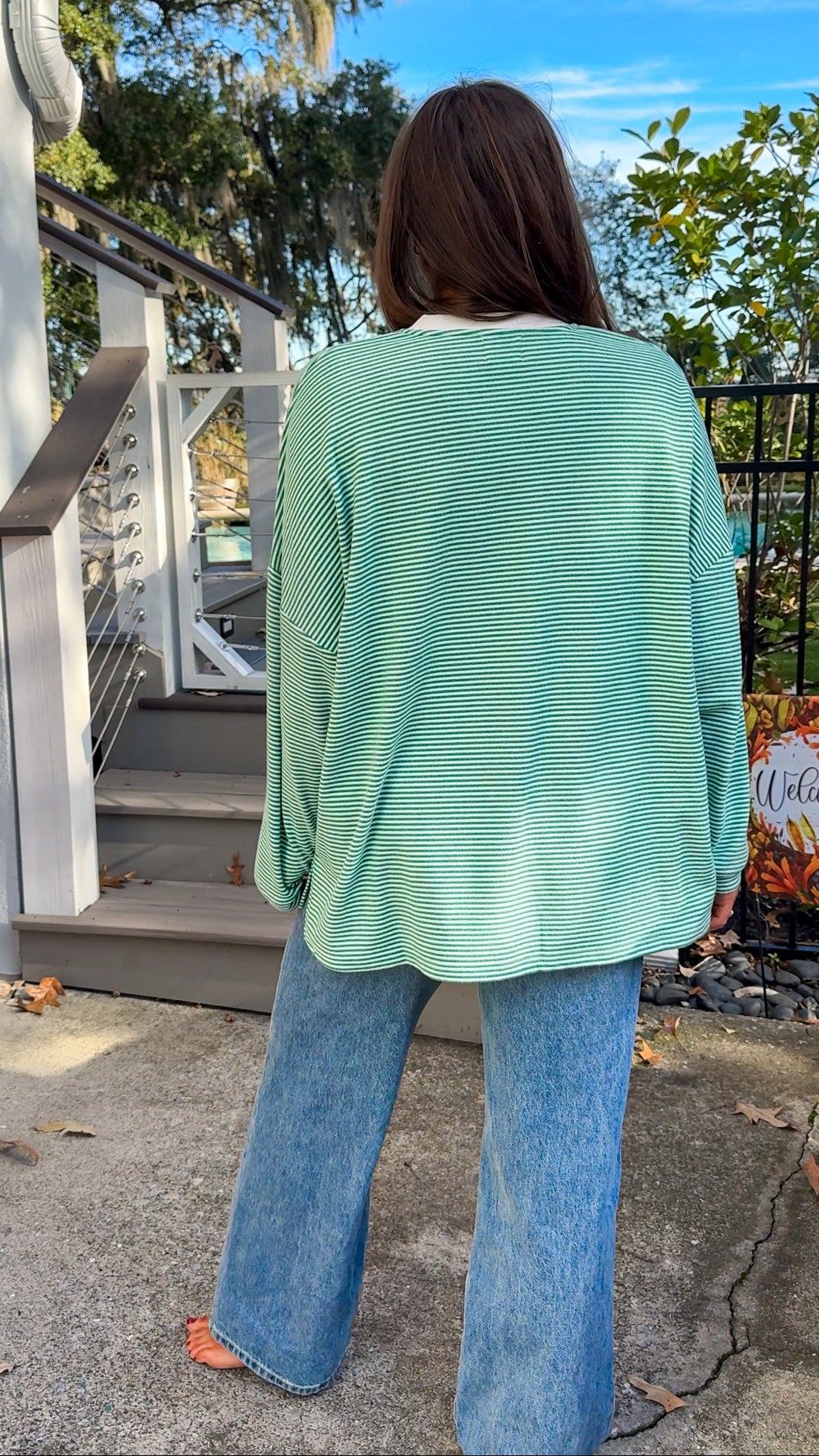 green and white striped oversized sweater top cozy comfy long sleeve back