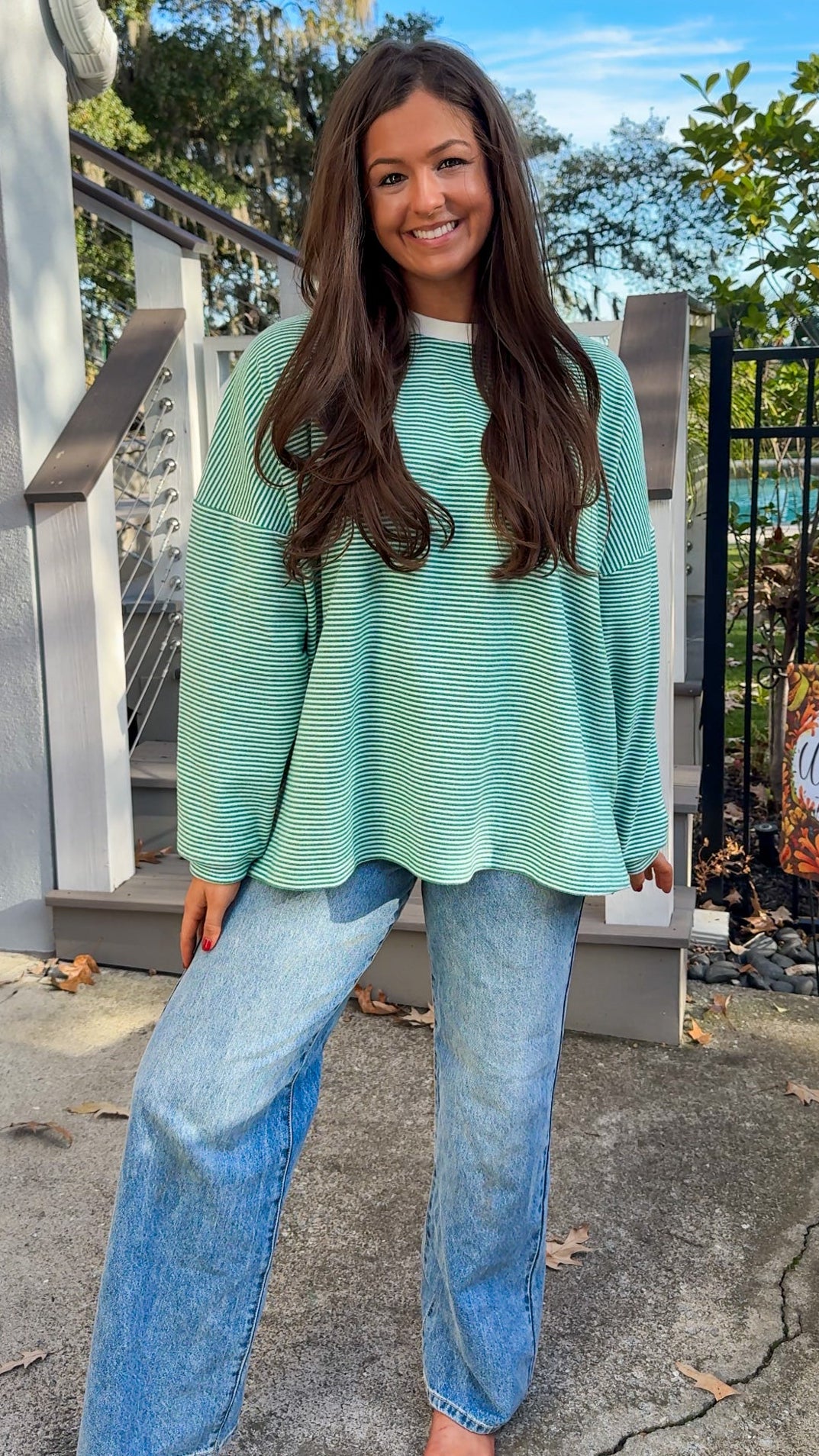 green and white striped oversized sweater top cozy comfy long sleeve far