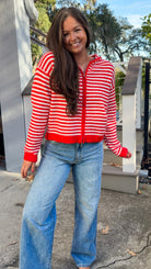 red stripe zip up sweater cardigan with hood long sleeve  3