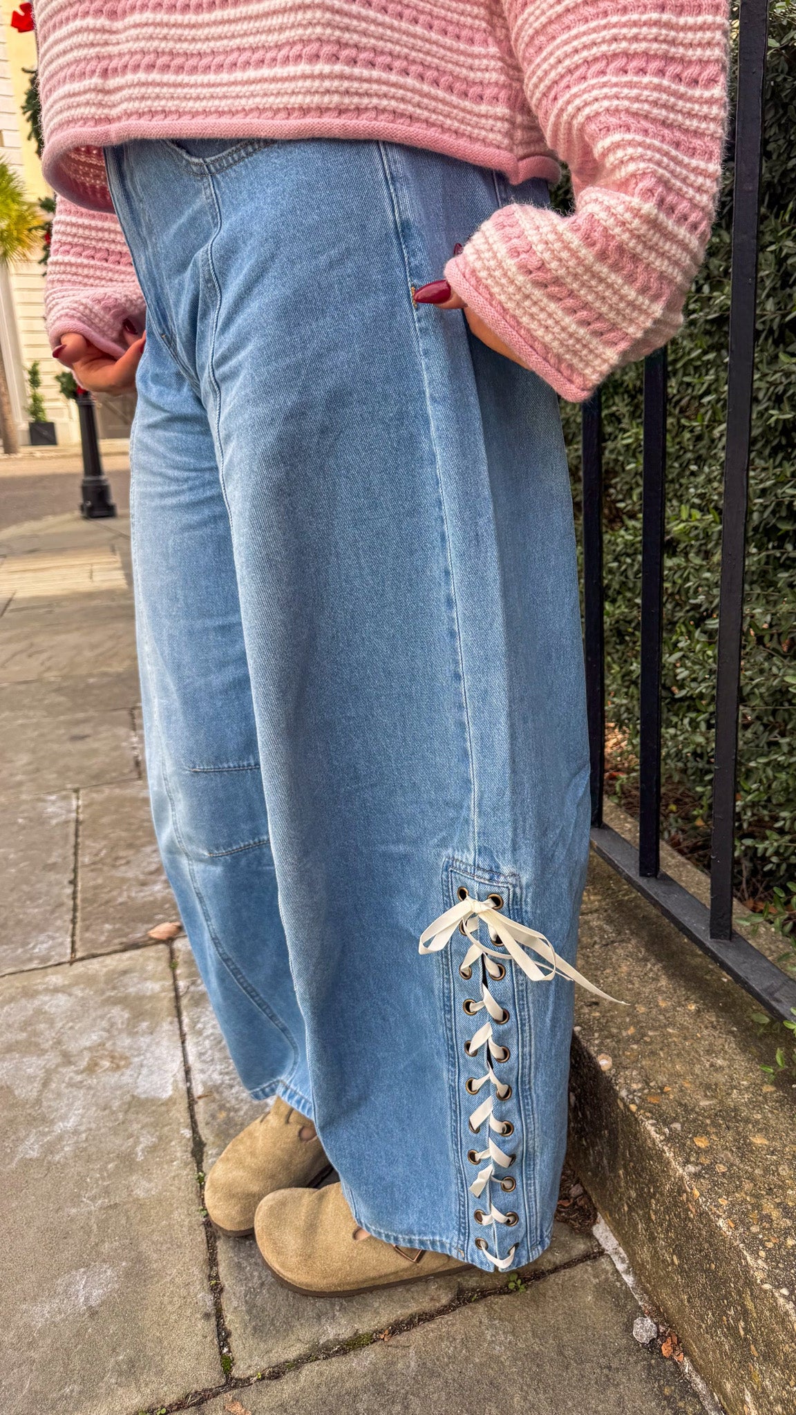 denim barrel jeans lace up side detail