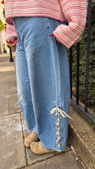 denim barrel jeans lace up side detail