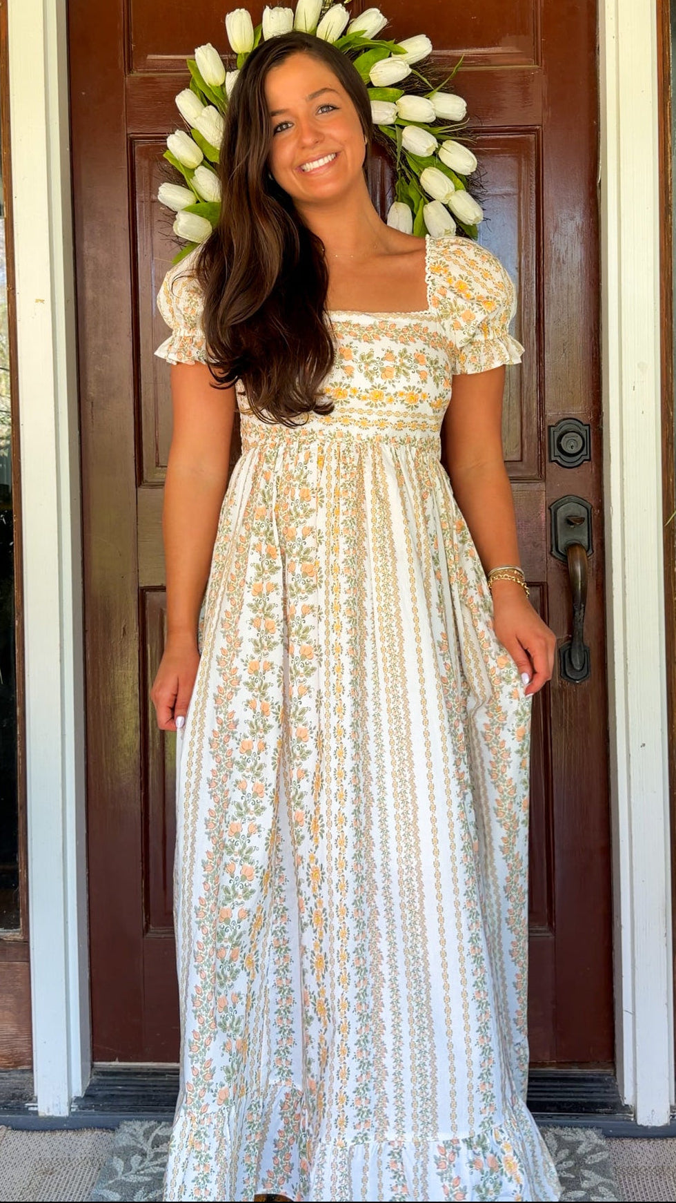 peach floral stripe maxi dress women's puff sleeves