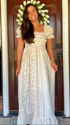 peach floral stripe maxi dress women's puff sleeves