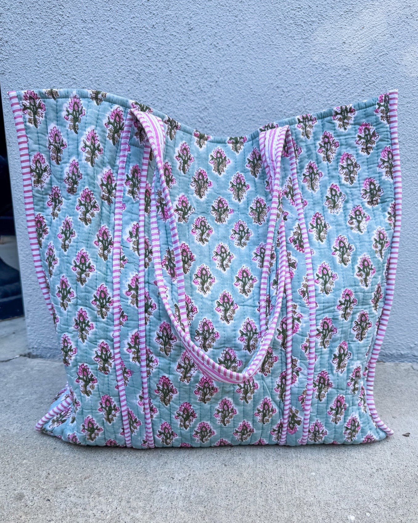 teal pink quilted block print tote bag