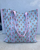 teal pink quilted block print tote bag