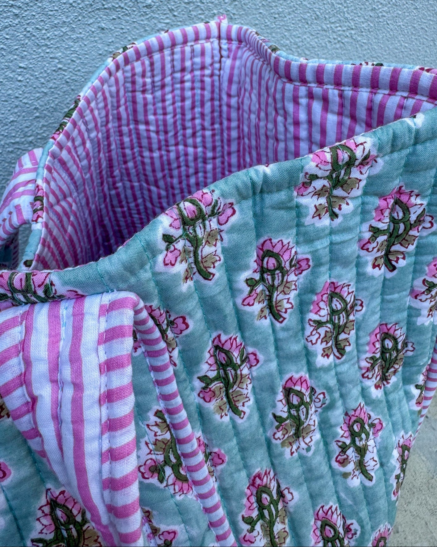 teal pink quilted block print tote bag