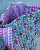 teal pink quilted block print tote bag
