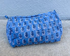 blue quilted block print cosmetic makeup bag
