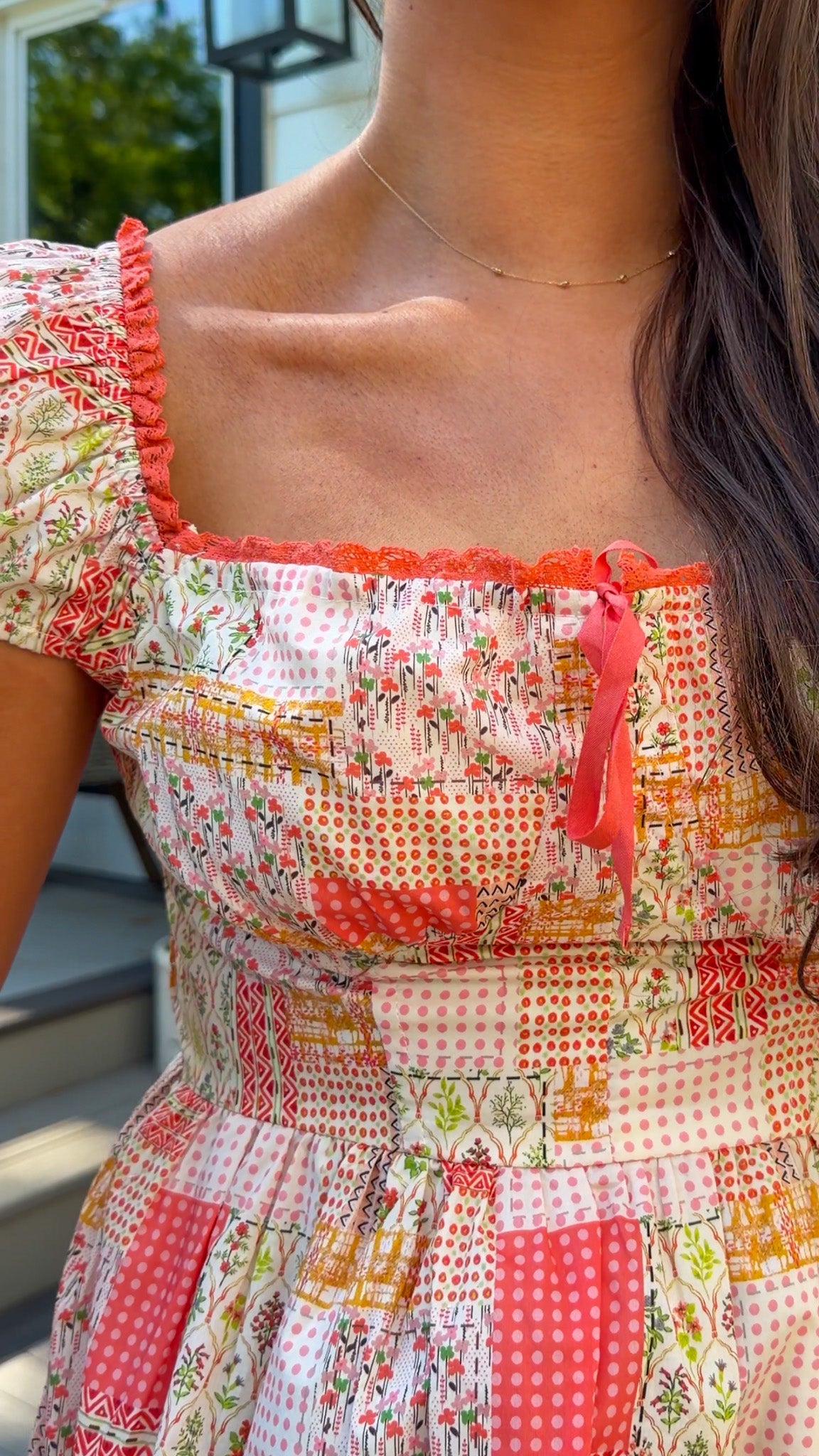 orange coral peach women's mini short dress patchwork design