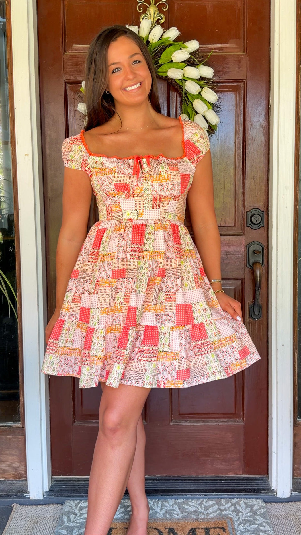 orange coral peach women's mini short dress patchwork design