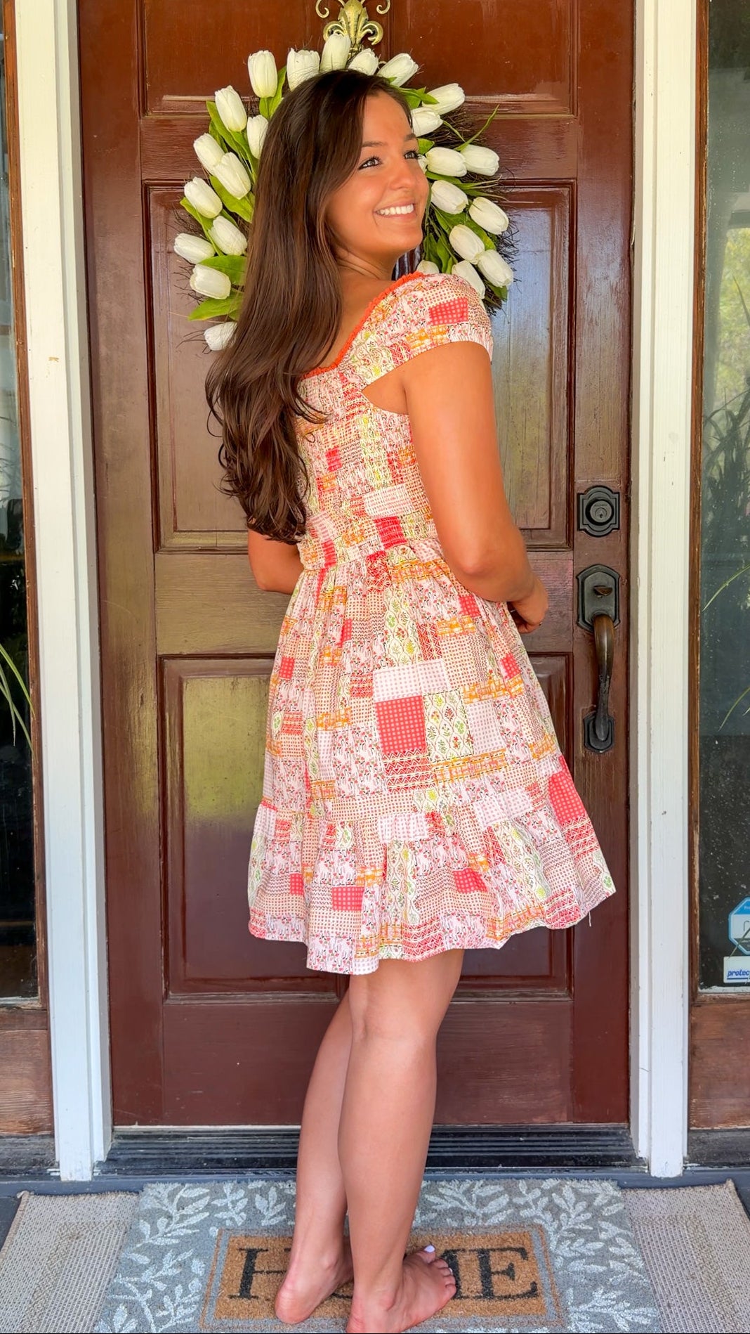 orange coral peach women's mini short dress patchwork design