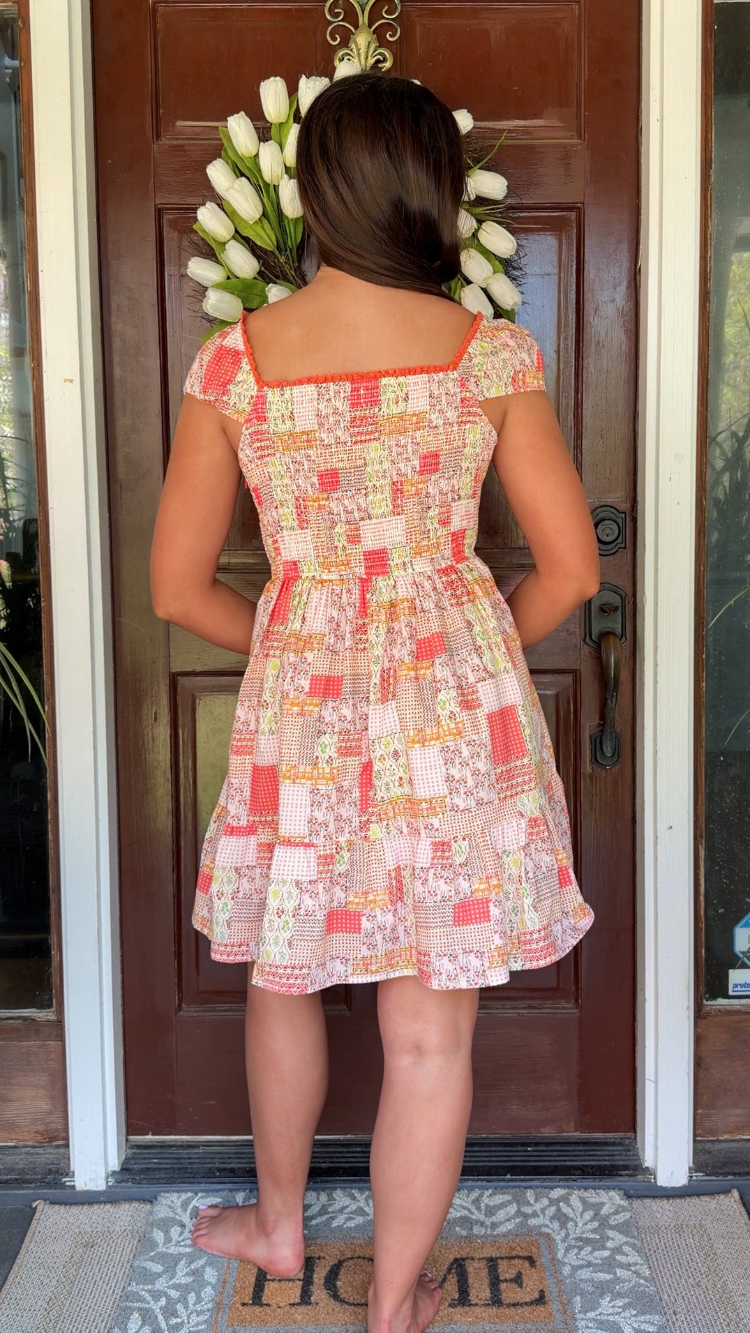 orange coral peach women's mini short dress patchwork design