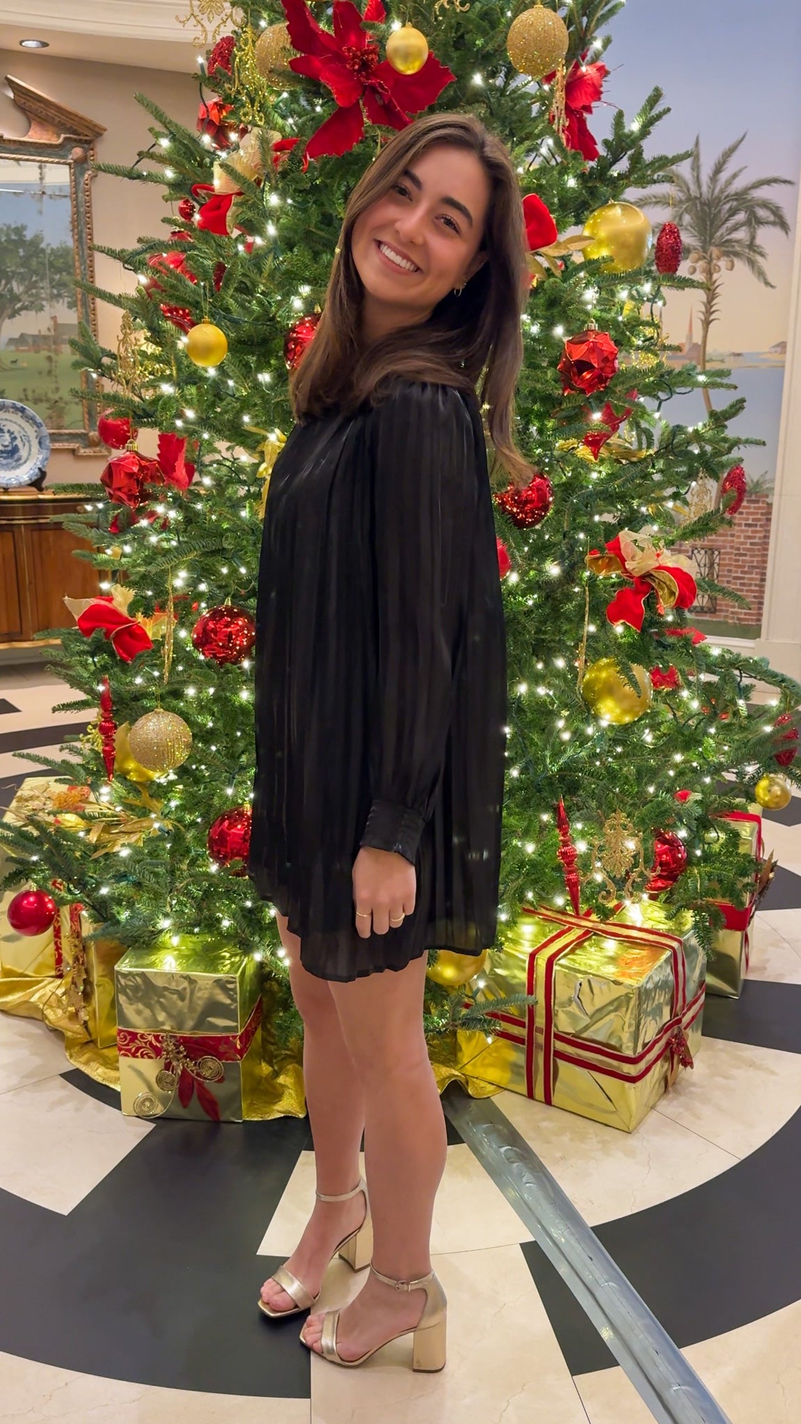 black mini formal dress pleated holiday dress little black dress long sleeve round neck short dress black