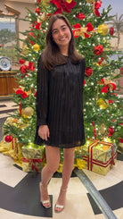 black mini formal dress pleated holiday dress little black dress long sleeve round neck short dress black