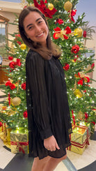 black mini formal dress pleated holiday dress little black dress long sleeve round neck short dress black side