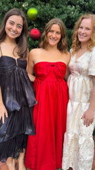 Champagne tiered jacquard maxi dress with bubble sleeves and self-tie open back — Sloane Maxi. gold and cream holiday dress