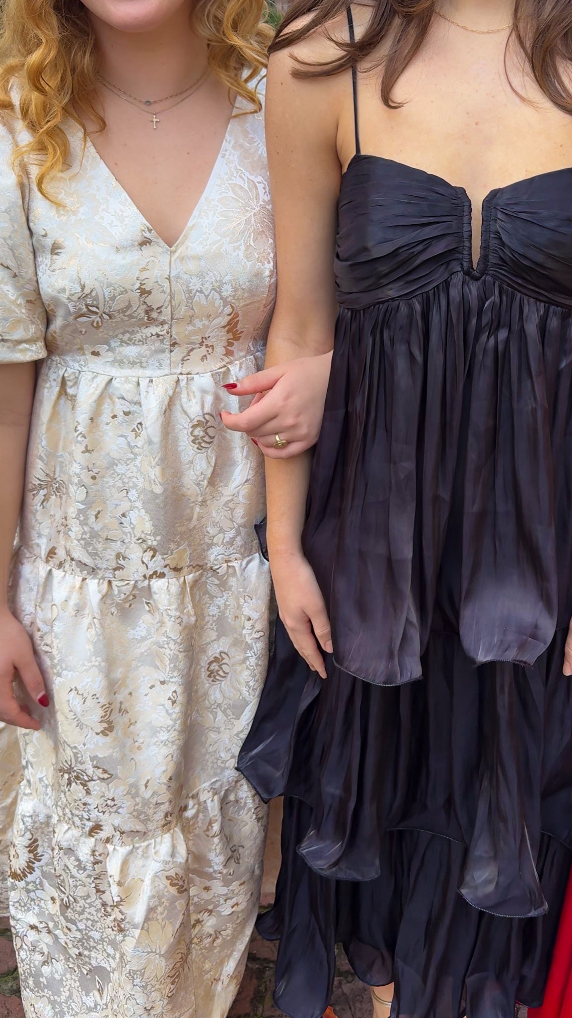 Champagne tiered jacquard maxi dress with bubble sleeves and self-tie open back — Sloane Maxi. gold and cream holiday dress