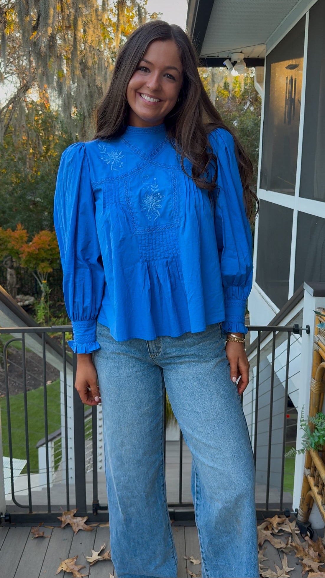 Azure blue embroidered blouse with puff sleeves and relaxed fit.