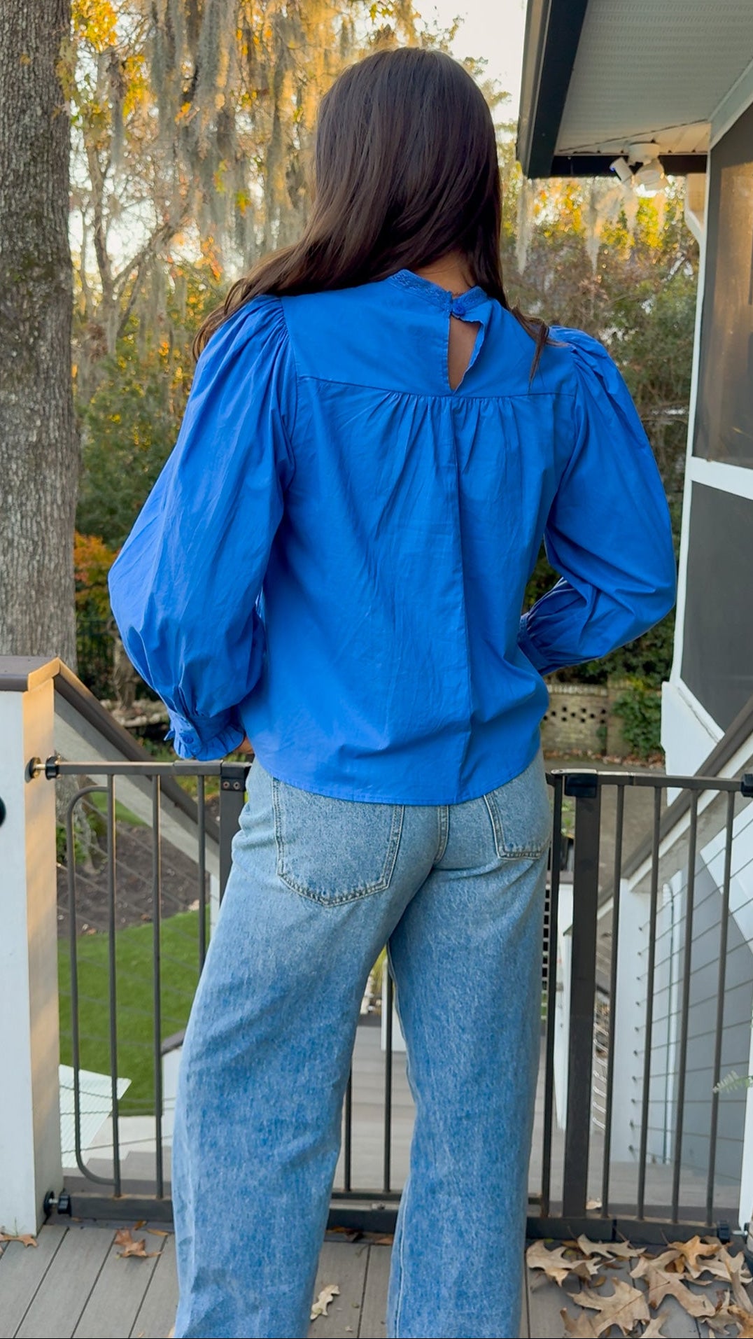 Azure blue embroidered blouse with puff sleeves and relaxed fit.