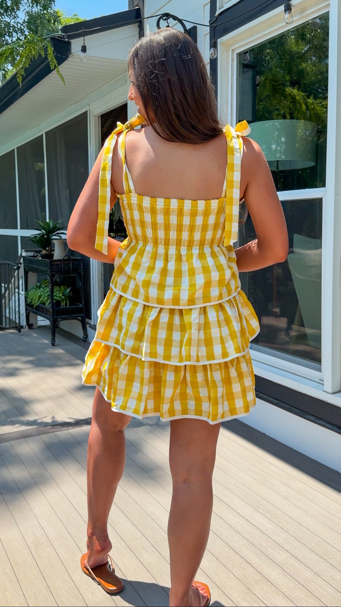 yellow gingham tiered mini dress