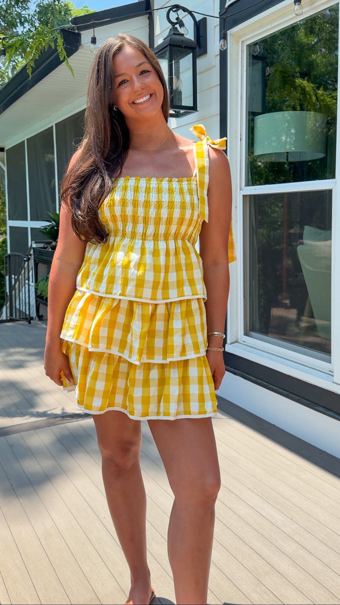 yellow gingham tiered mini dress
