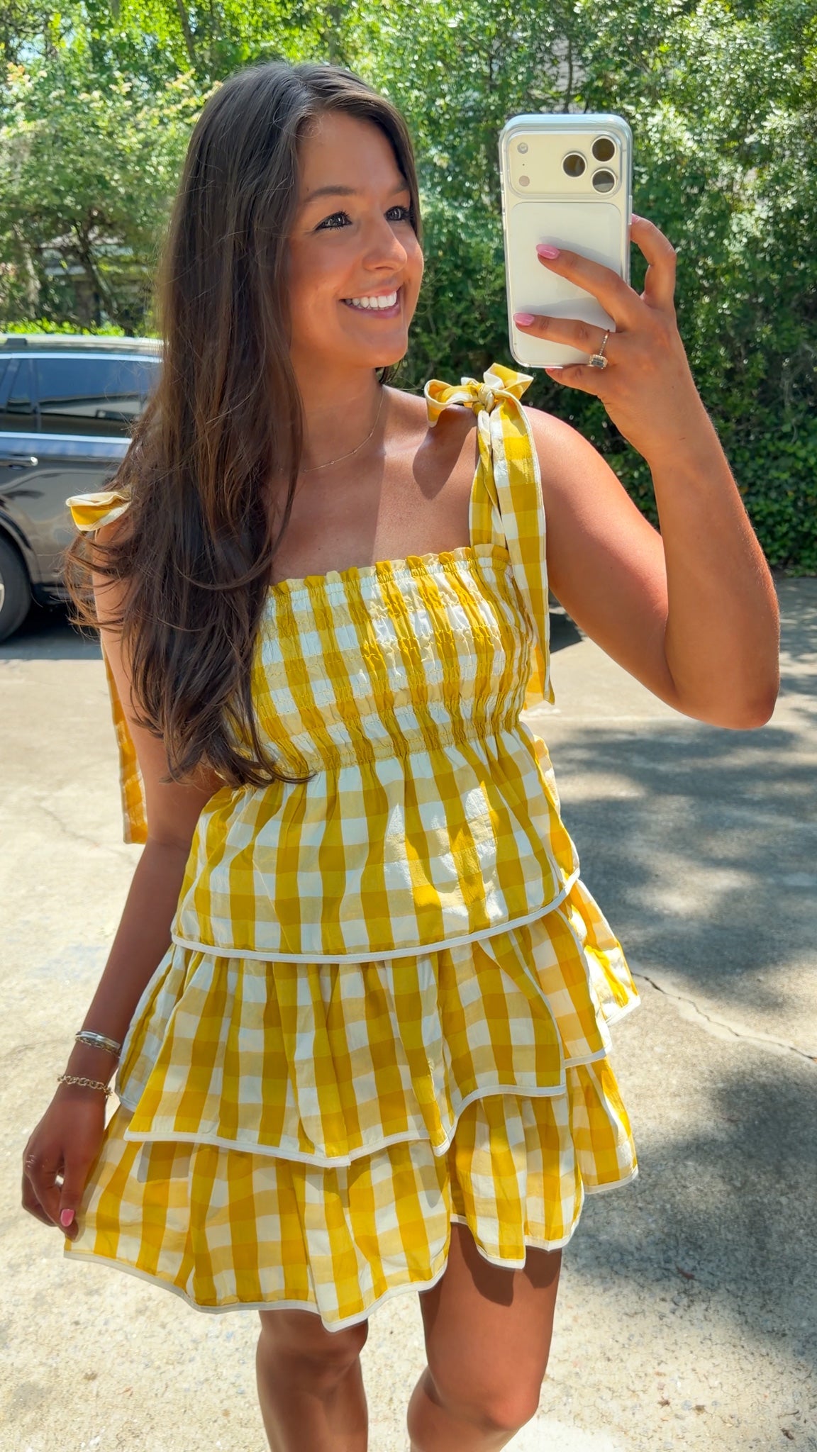 yellow gingham tiered mini dress