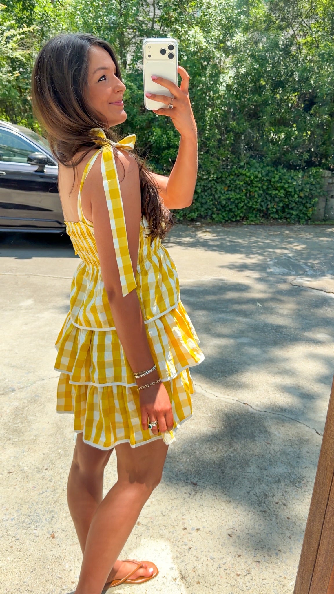 yellow gingham tiered mini dress