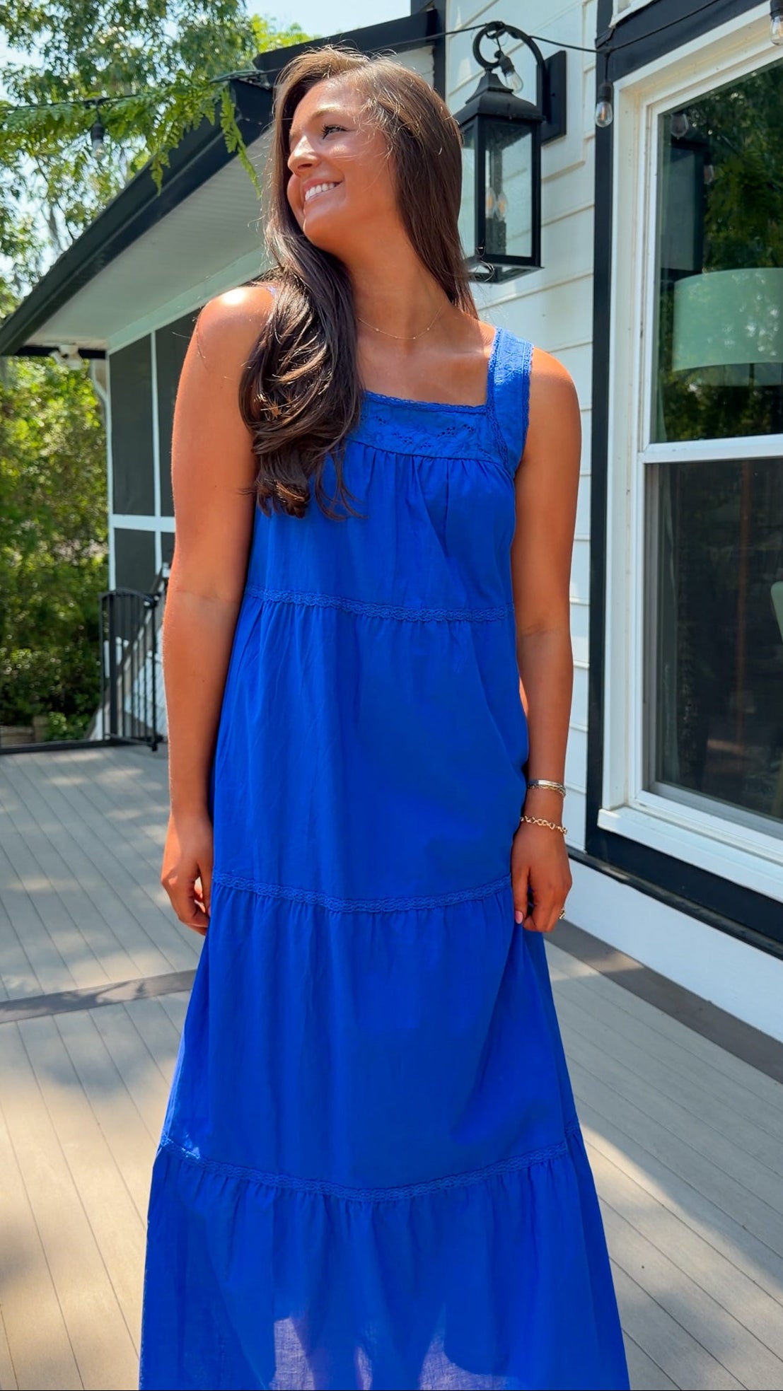 blue midi dress with floral embroidery