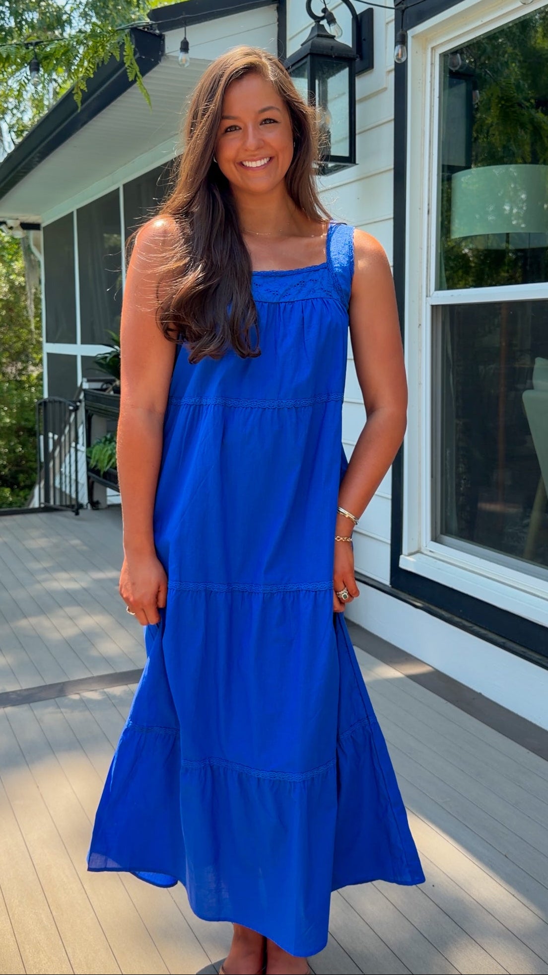 blue midi dress with floral embroidery