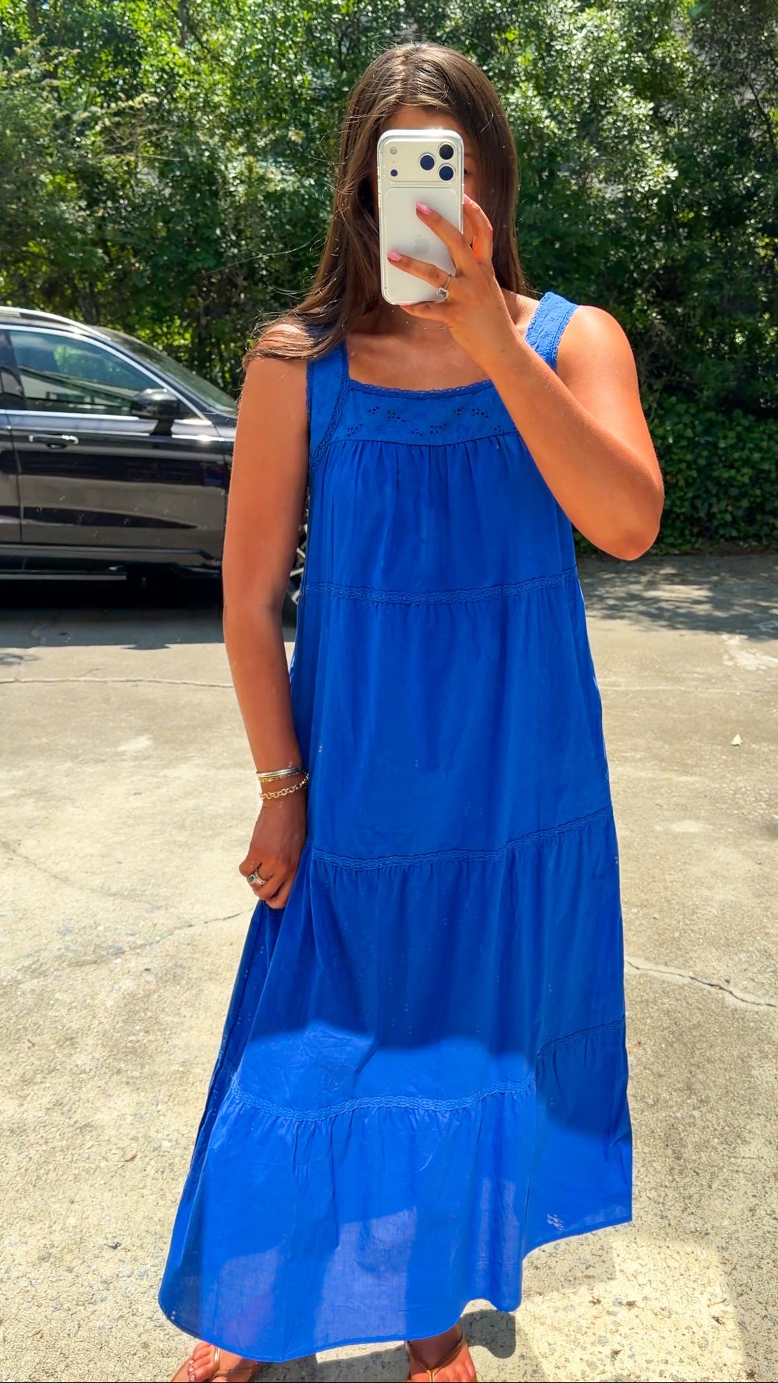 blue midi dress with floral embroidery