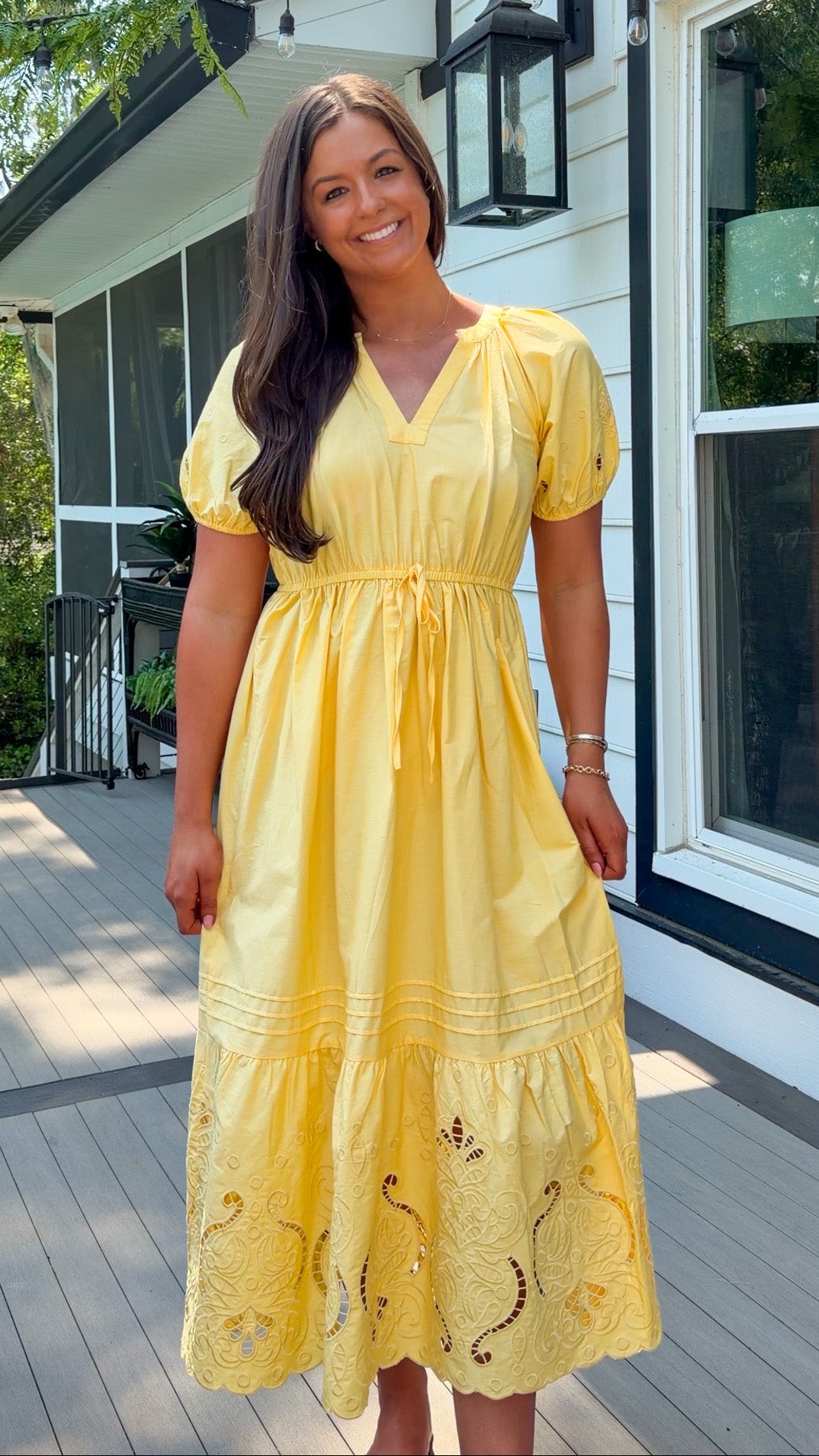 golden yellow midi dress with eyelet embroidery womens midi dress