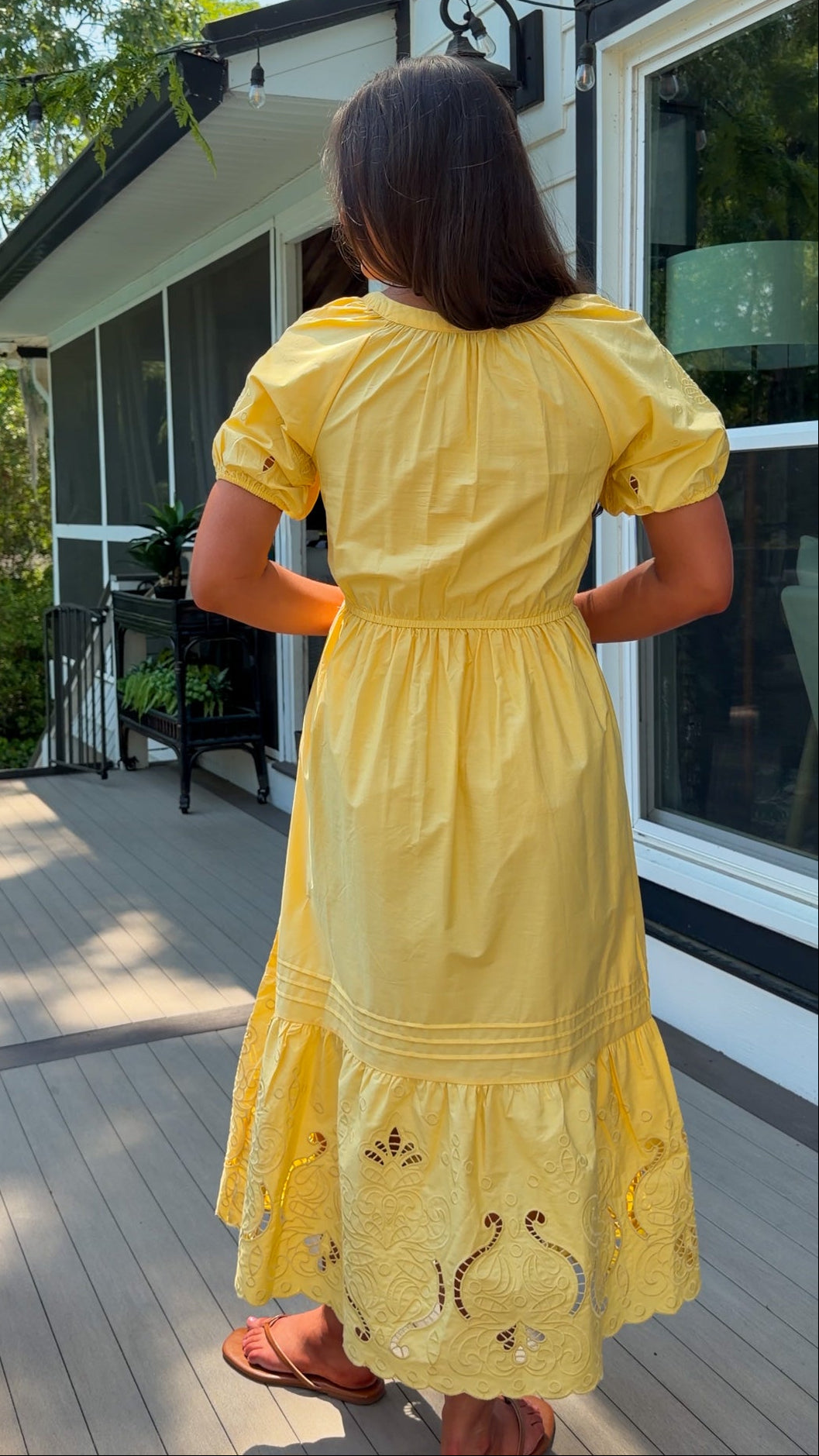 golden yellow midi dress with eyelet embroidery womens midi dress