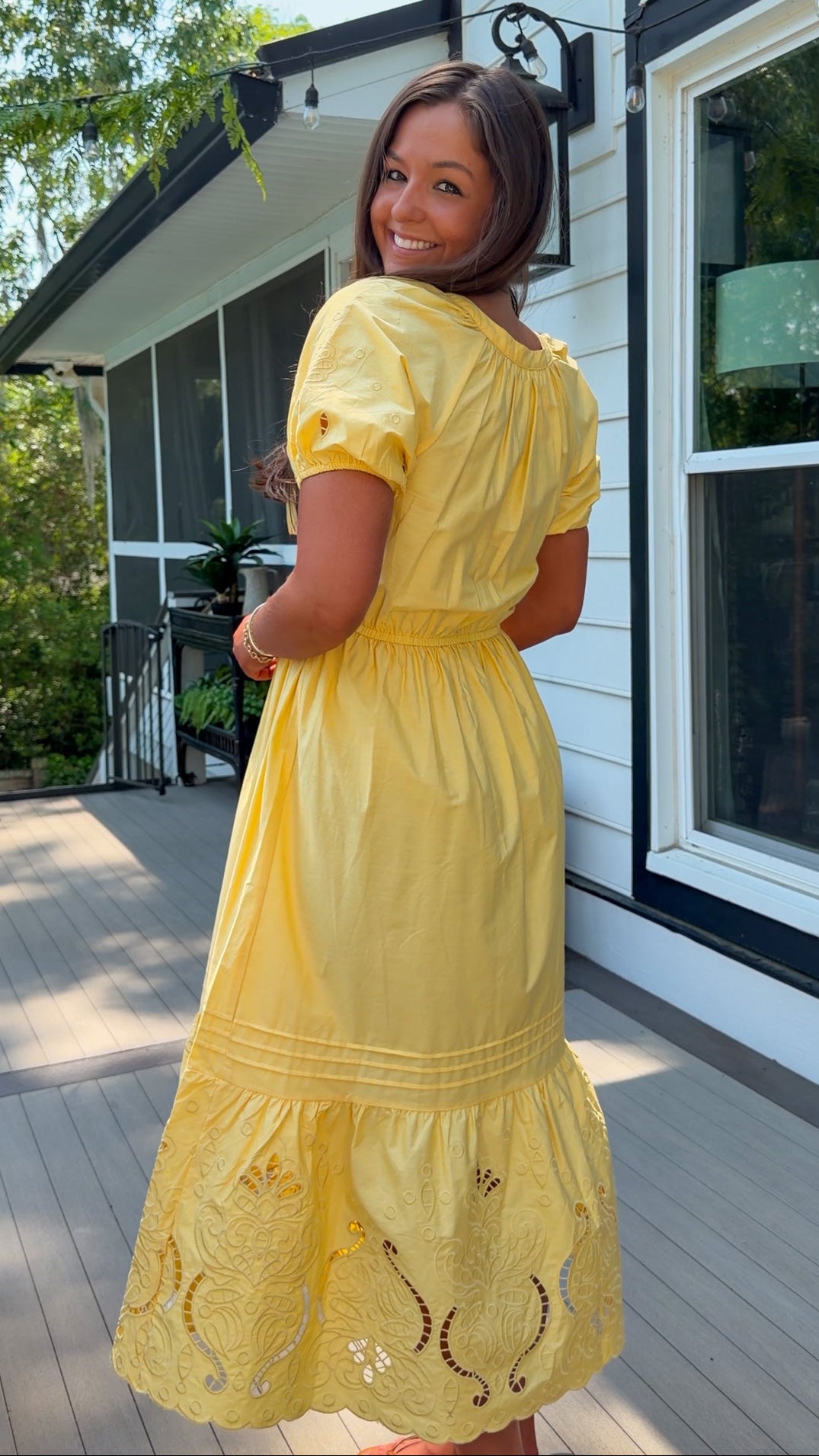 golden yellow midi dress with eyelet embroidery womens midi dress