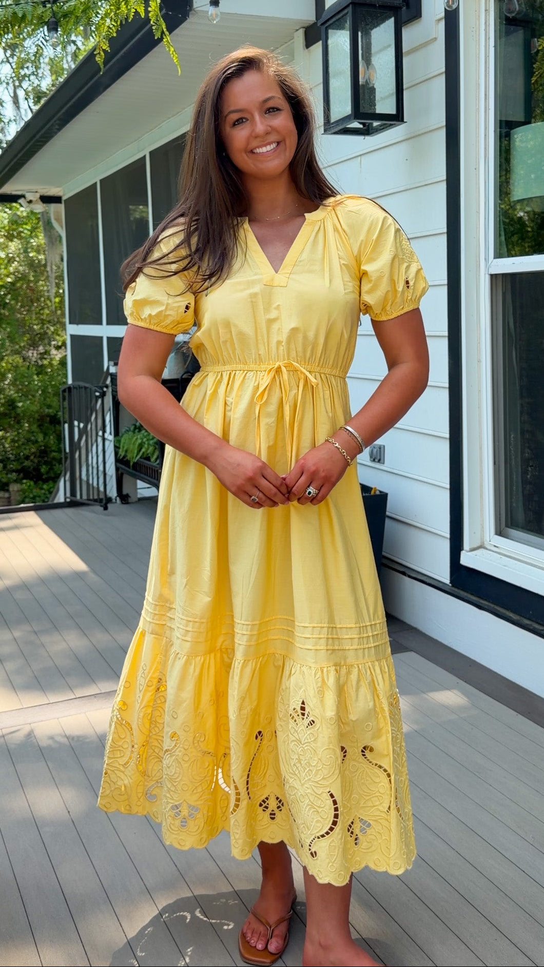 golden yellow midi dress with eyelet embroidery womens midi dress