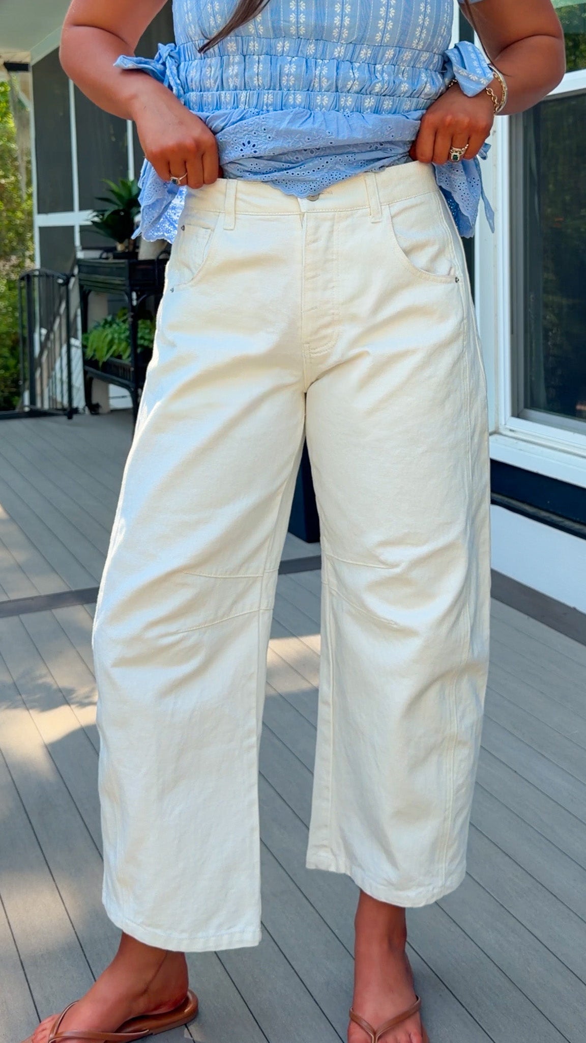 white denim barrel jeans