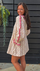 Cream rose stripe floral mini dress with pink scalloped lace collar and ribbon tie.