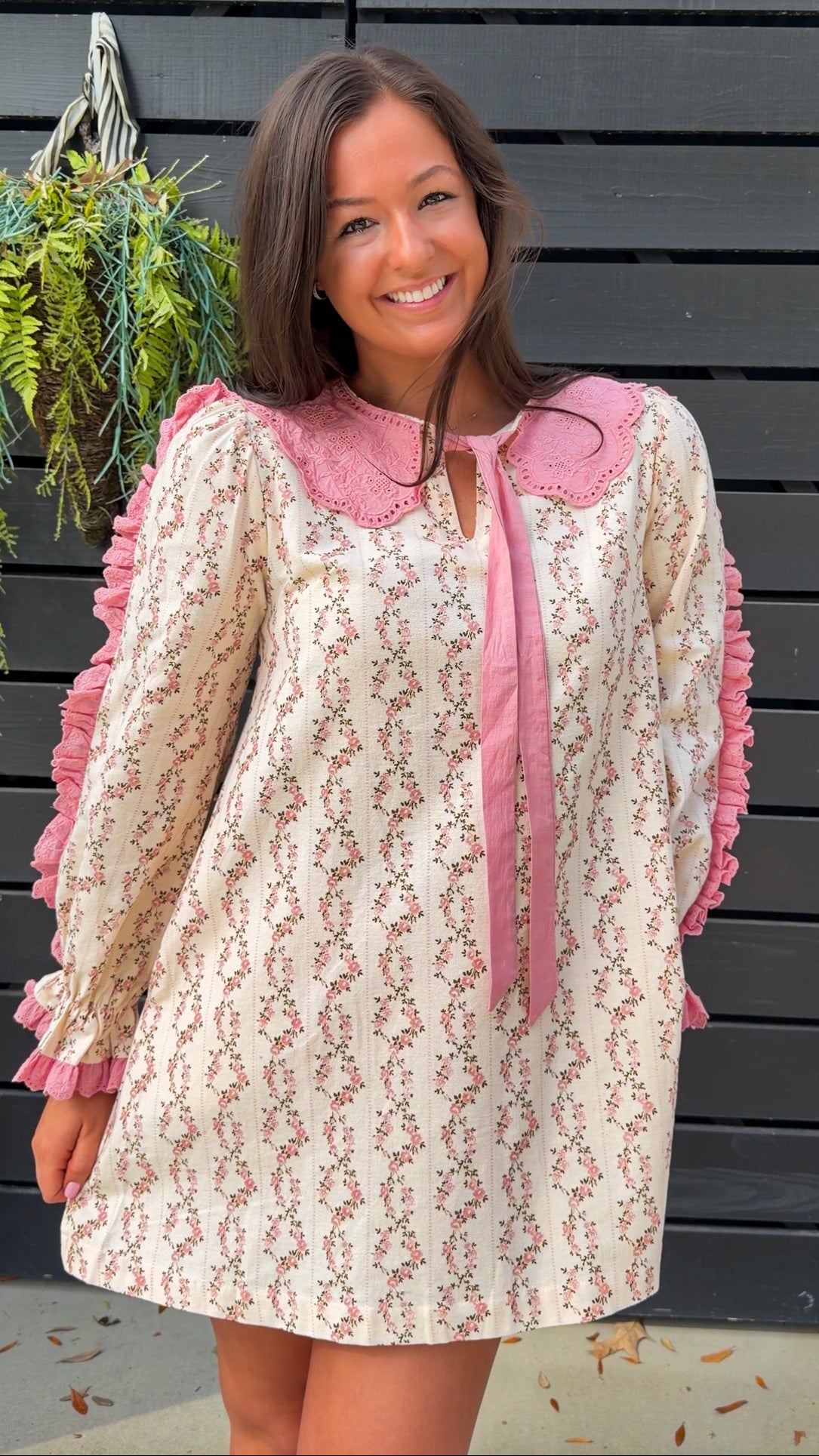 Cream rose stripe floral mini dress with pink scalloped lace collar and ribbon tie.