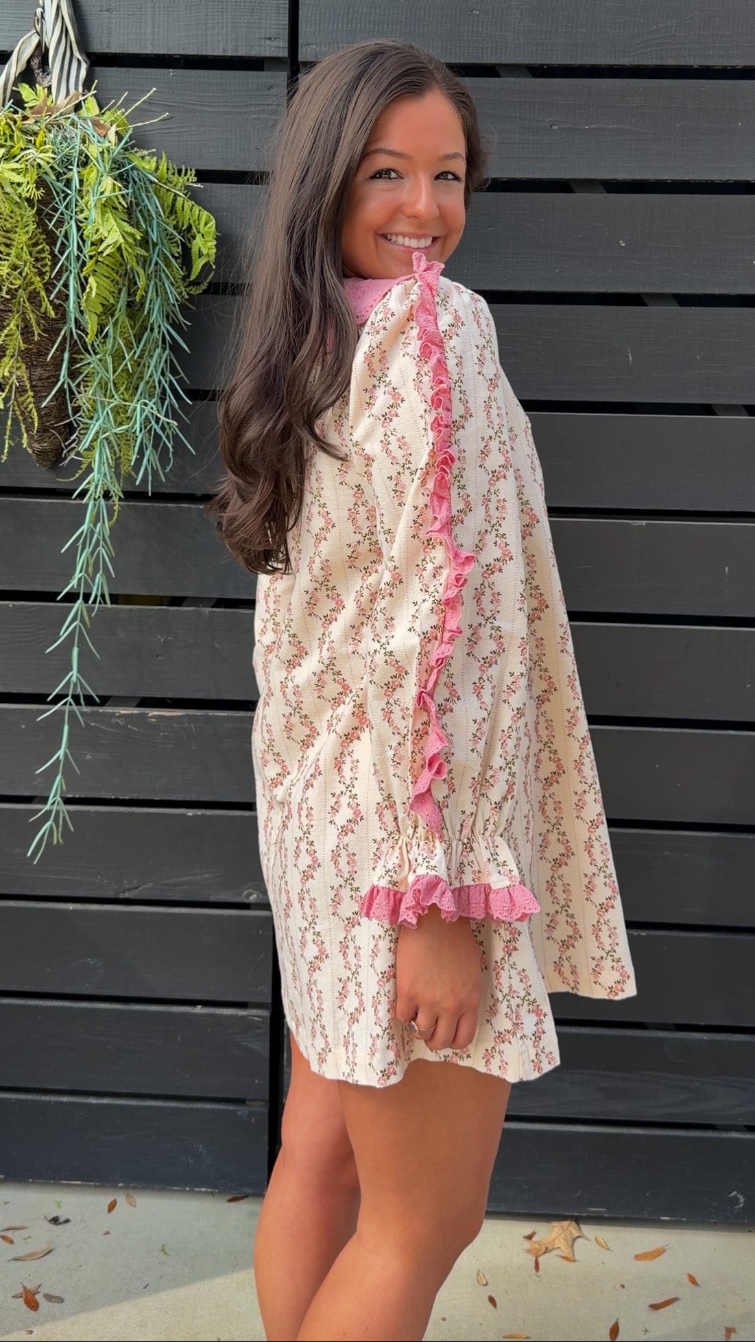 Cream rose stripe floral mini dress with pink scalloped lace collar and ribbon tie.