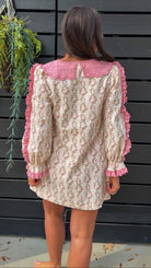 Cream rose stripe floral mini dress with pink scalloped lace collar and ribbon tie.