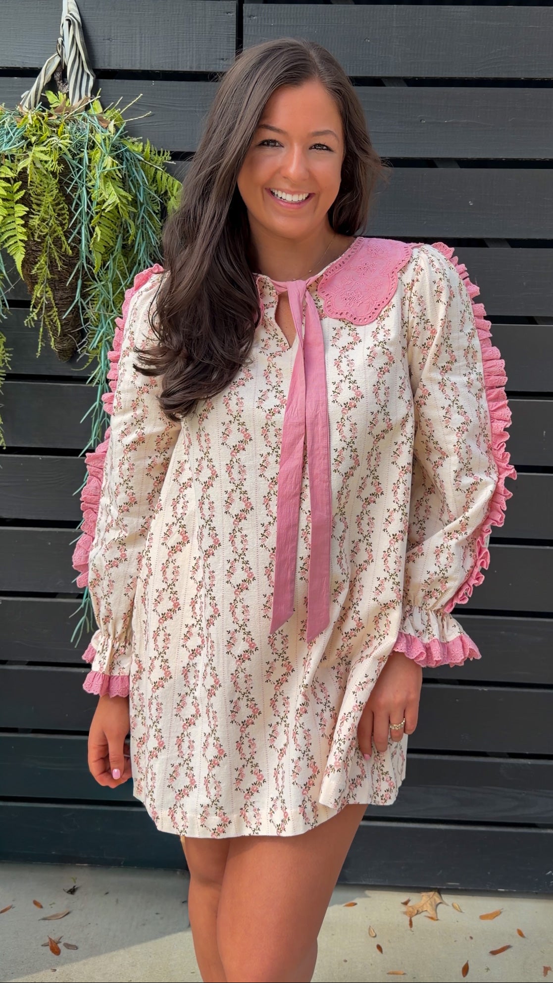 Cream rose stripe floral mini dress with pink scalloped lace collar and ribbon tie.