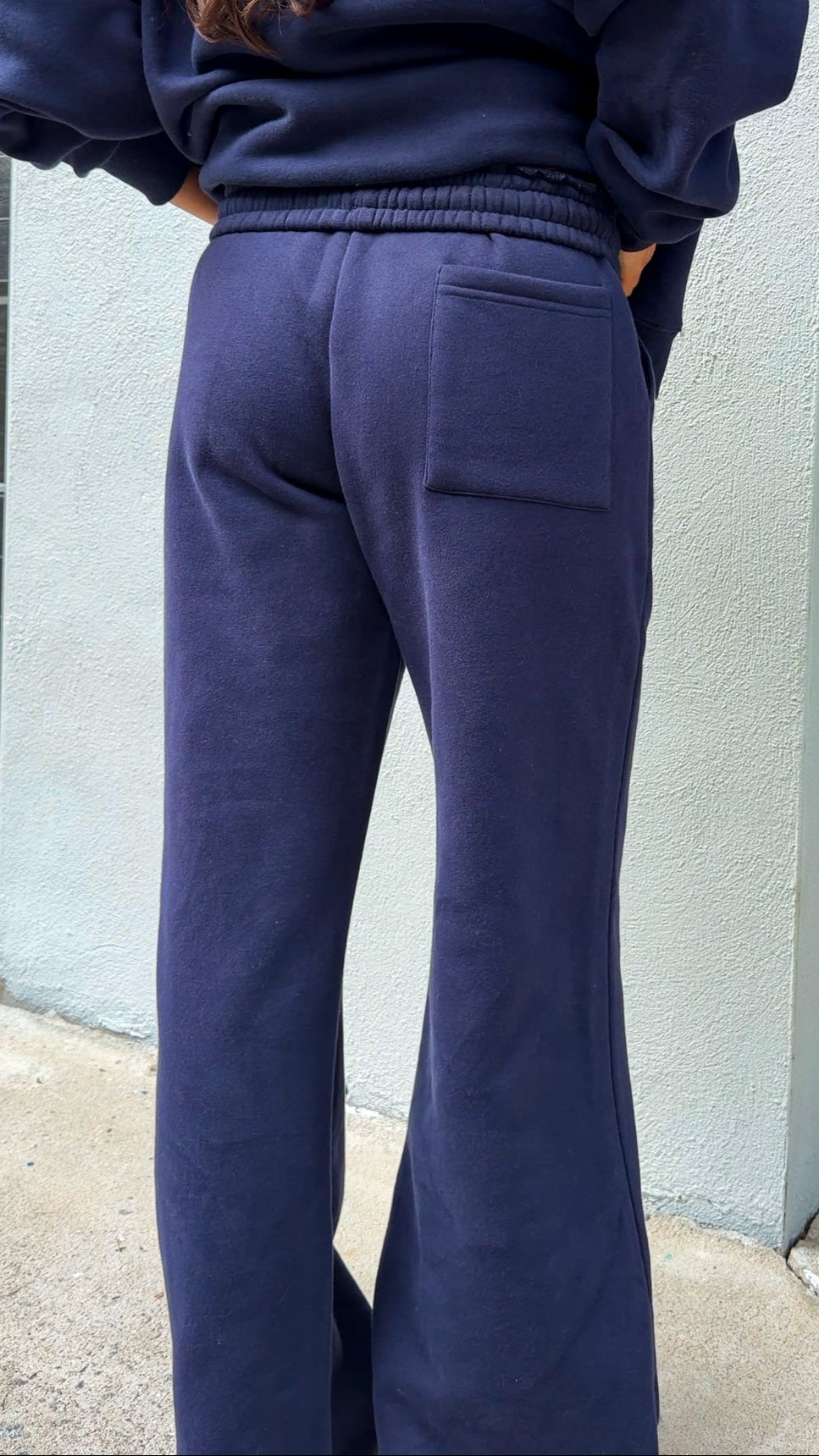 navy wide leg sweatpants with stretch waist and drawstring